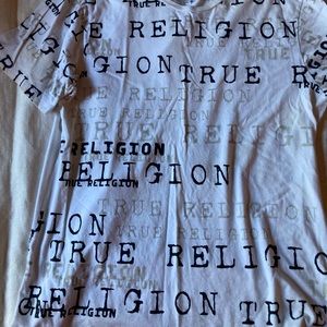 True Religion mens crew neck tee soft cotton all over brand print black on white